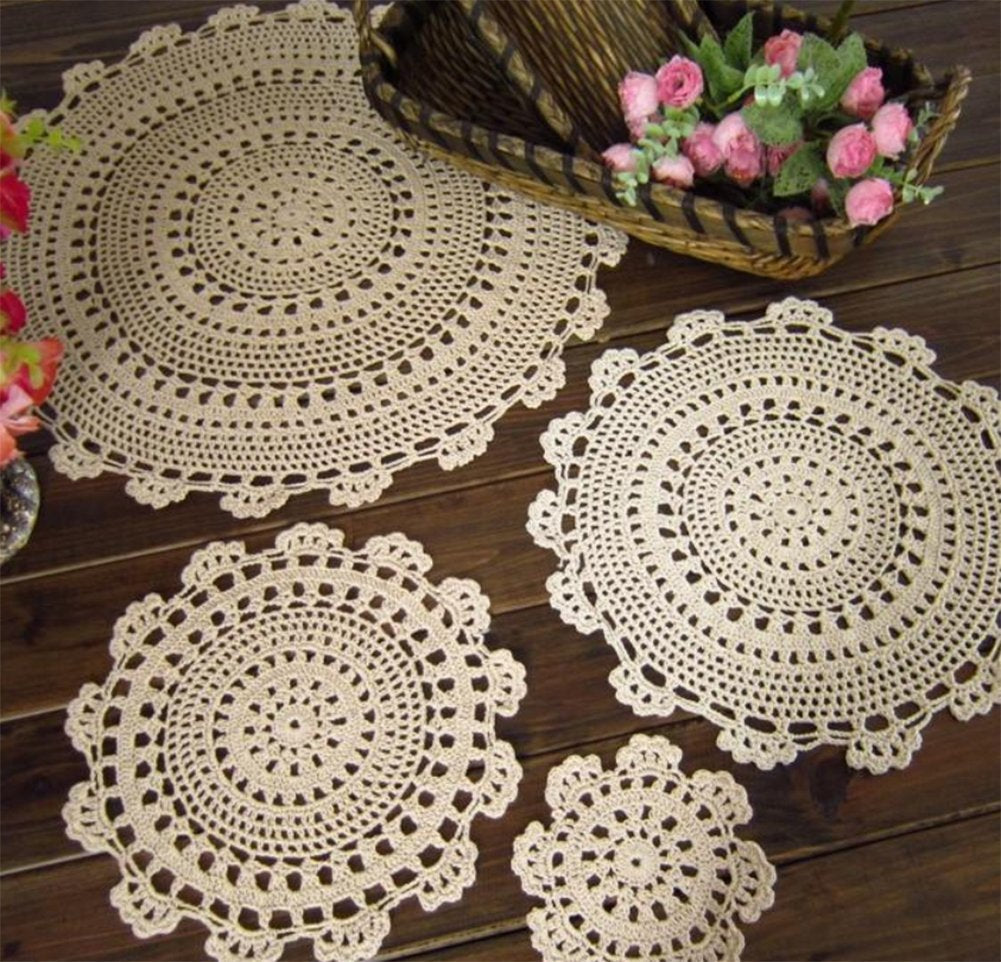 Fennco Styles Handmade Medallion Crochet Lace Round Cotton Placemat Doilies - 4 Pack