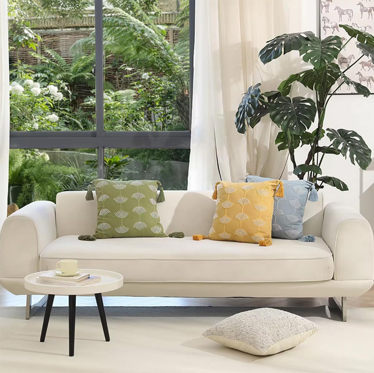 Fennco Styles Hand Beaded Embroidery Ginkgo Leaf Throw Pillow Cover with Tassel 18" W x 18" L - Green Leaves Cotton Cushion Case for Home, Couch, Living Room, Bedroom and Office Décor