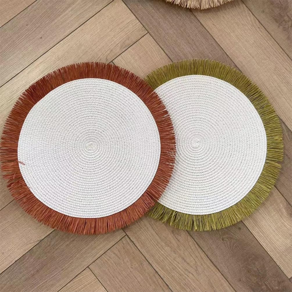 Fennco Styles Handwoven Fringe Boho Placemats 15" Round - Natural Braided Texture Table Mats for Home, Dining Room, Banquets, Family Gathering and Special Occasion