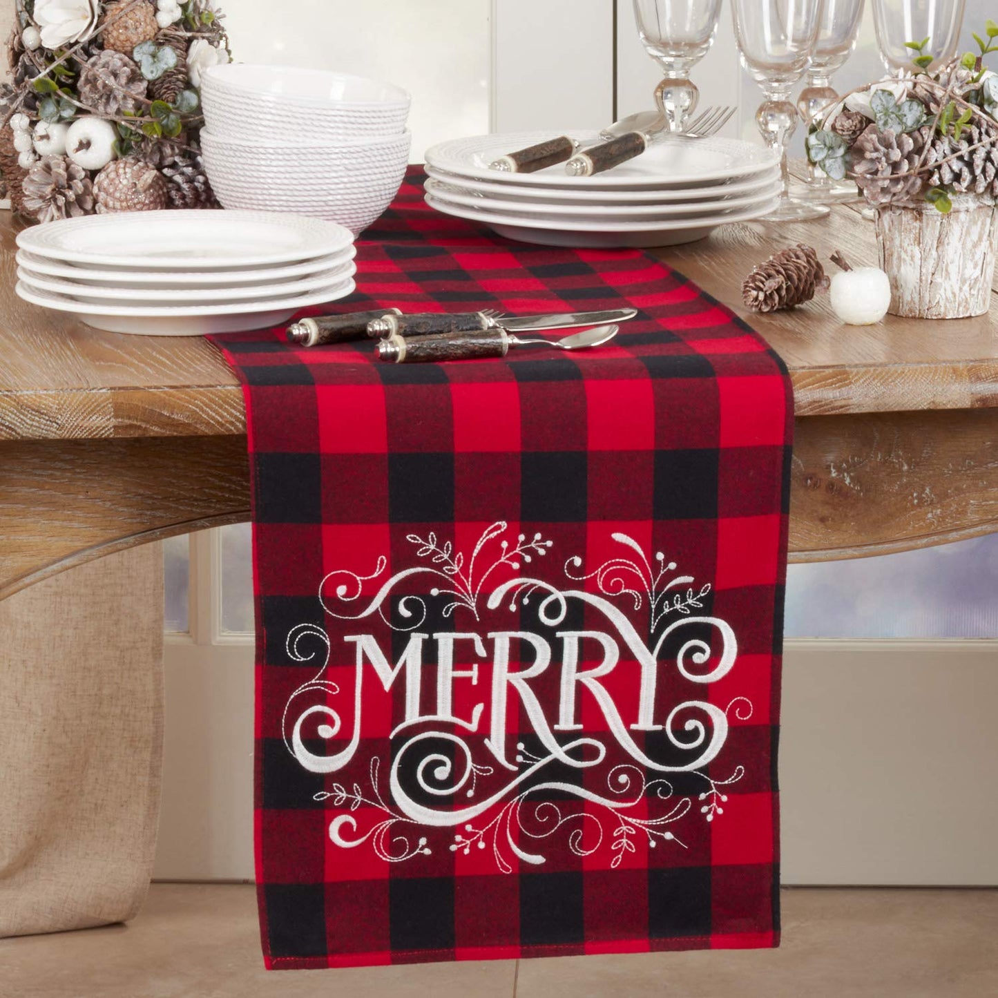 Fennco Styles Holiday Buffalo Plaid Cotton Blend Merry Design Table Runner 14 x 72 Inch - Red & Black Plaid Table Cover for Christmas Decor, Home, Banquet, Family Gathering and Special Occasion
