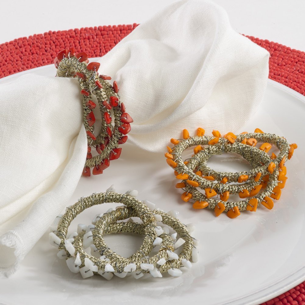 Fennco Styles Hand Beaded Napkin Ring, Set of 4, 3 Colors (Marigold)
