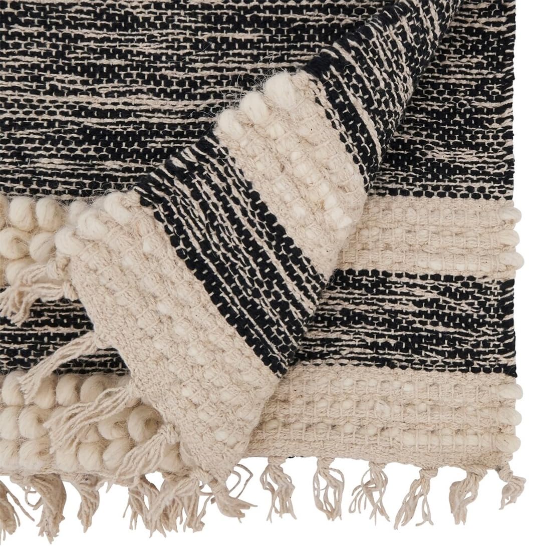 Fennco Styles Pom Pom Stripe Woven Table Runner with Fringe 16" W x 72" L – Black Cotton Wool Blend Table Cover for Home Décor, Dining Table, Banquets, Everyday Use and Special Events