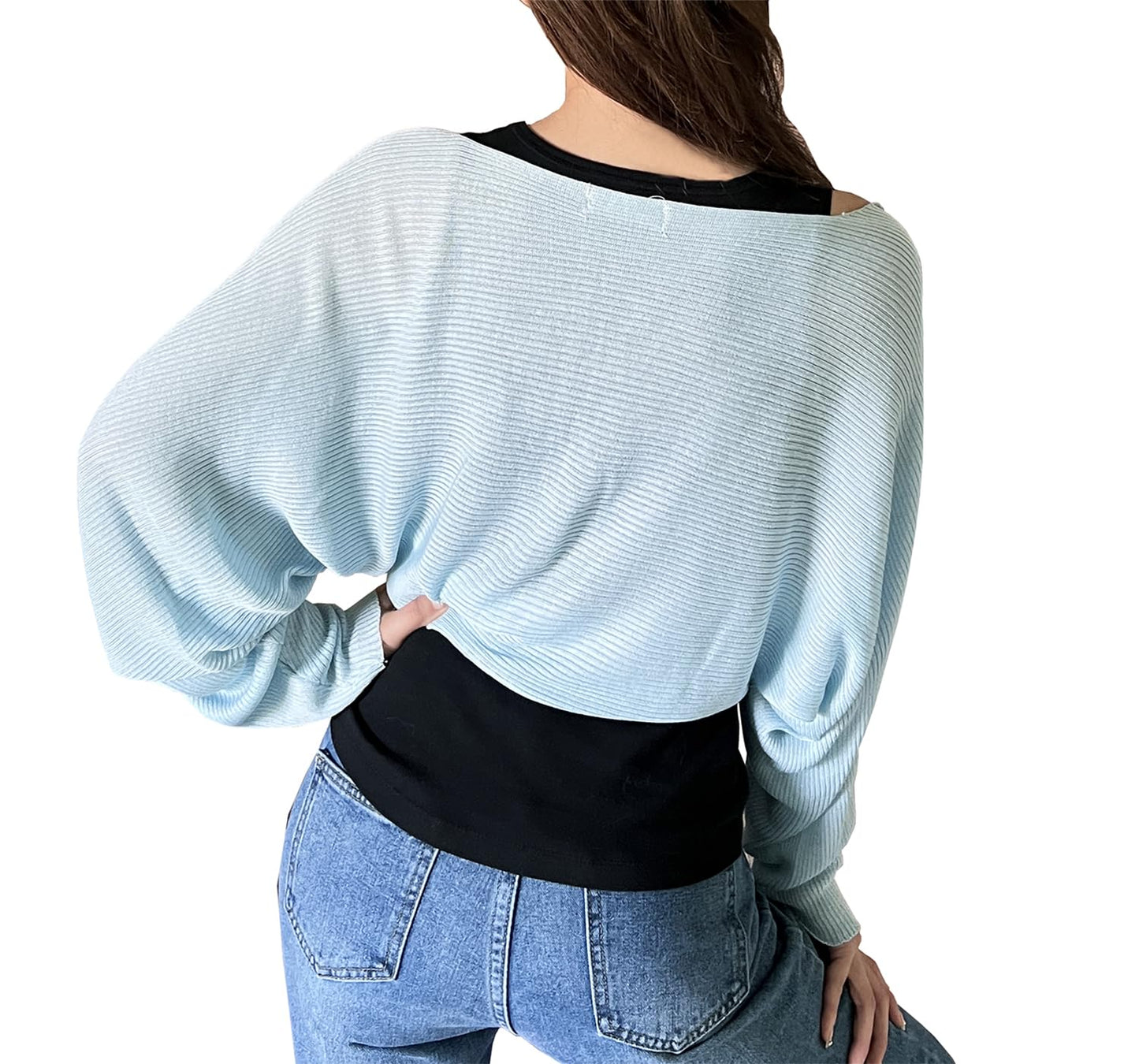 stylesilove Women Lightweight Ribbed Knit Bolero Shrug Long Sleeve Solid Cardigan Soft Sweater Open Front Cape Shawl