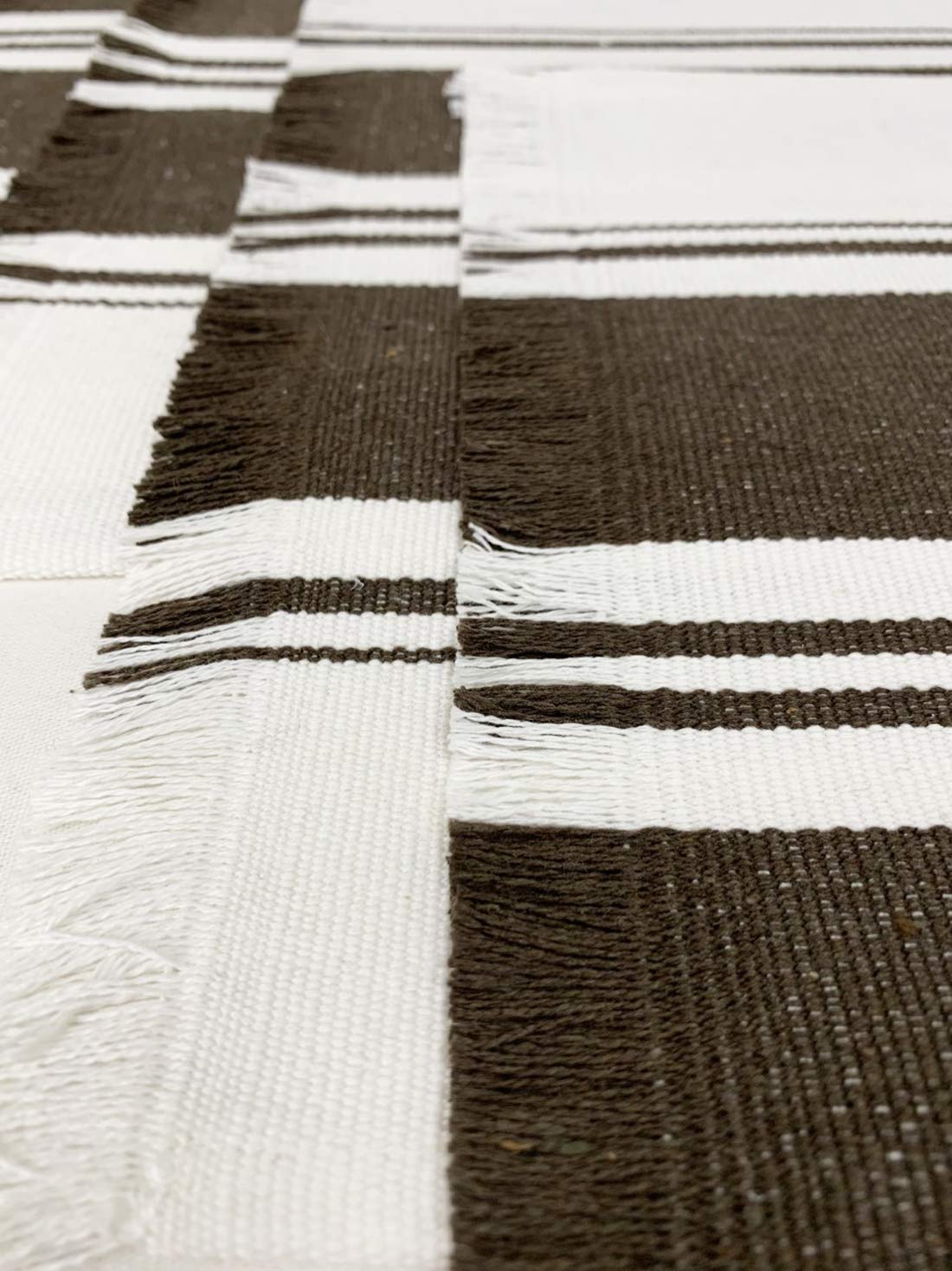Fennco Styles Netural Stripes Fringe Canvas Cotton Table Runner 14 x 71 Inch - Grey Striped Table Cover for Home Décor, Dining Table, Farmhouse, Everyday Use and Special Occasion