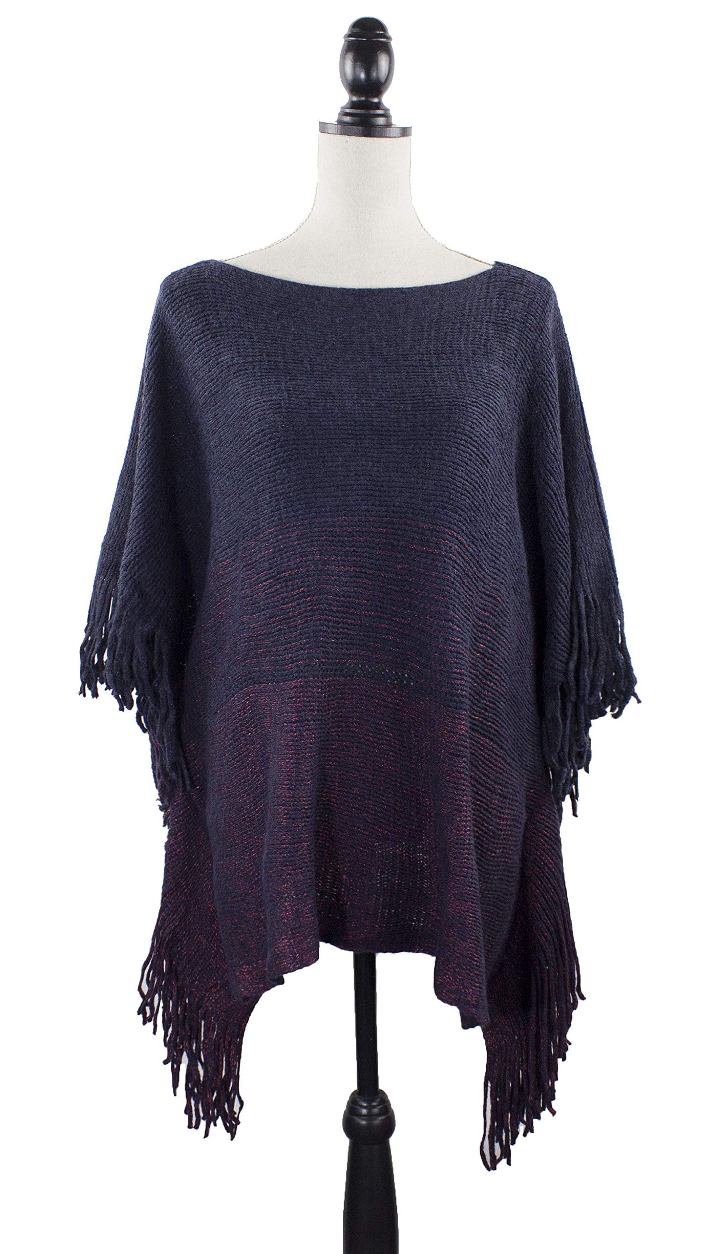 stylesilove Womens Knit Two Tone Batwing Fringe Poncho Cardigan Pullover Cozy Sweater Wrap Jacket