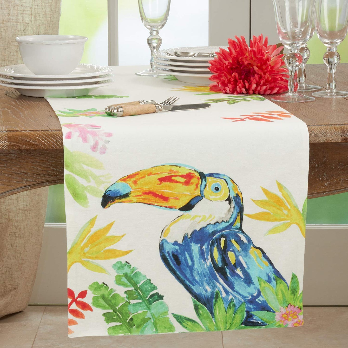 Fennco Styles Embroidered Toucan Cotton Table Runner 16" W x 72" L - Multicolored Table Cover for Home, Dining Table, Banquet, Family Gathering and Special Occasion