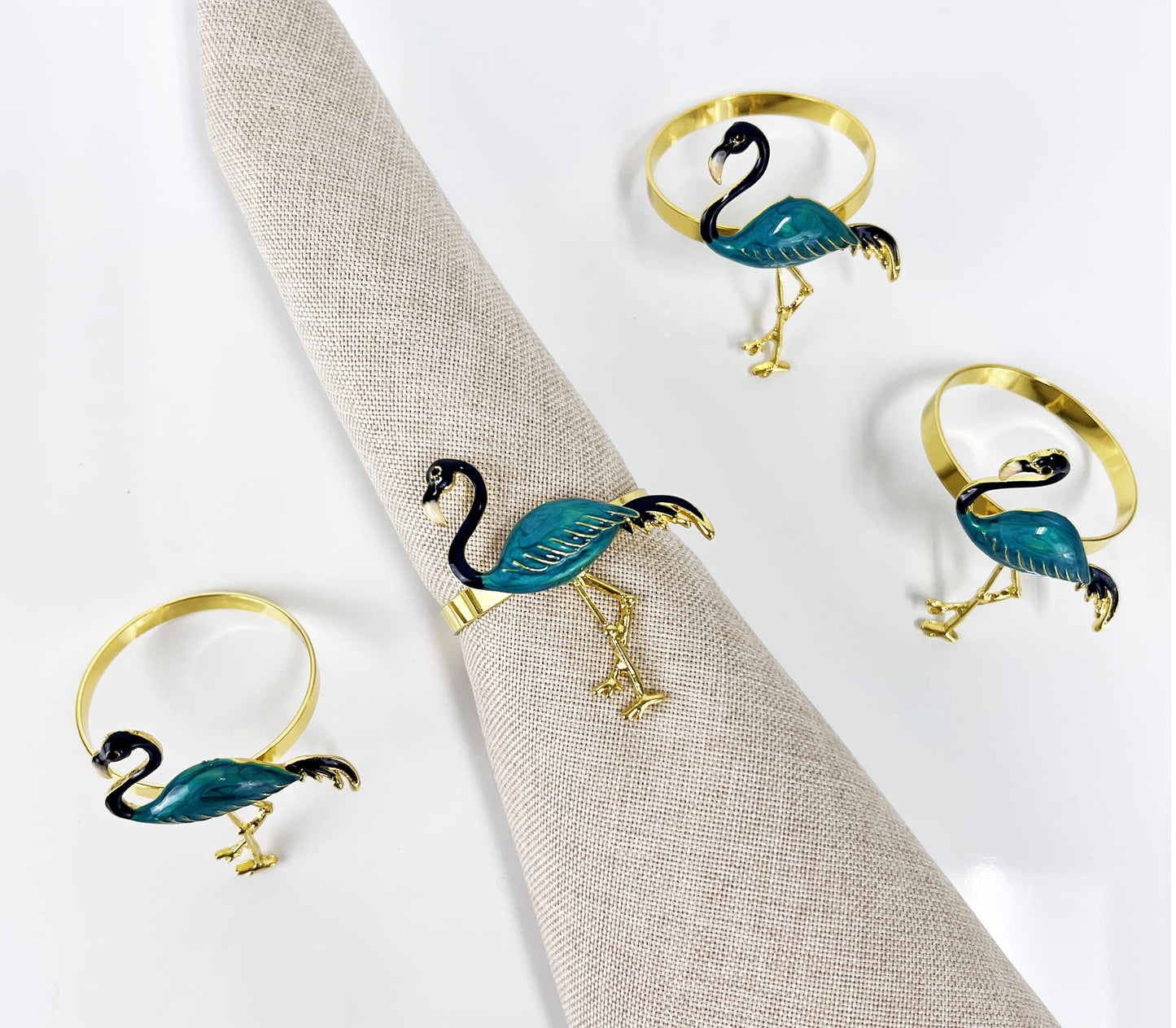 Fennco Styles Enamel Glazed Flamingo Metal Napkin Rings, Set of 4 - Beige Decorative Napkin Holders for Home, Dining Room, Banquets, Family Gatherings, Holidays and Special Occasions