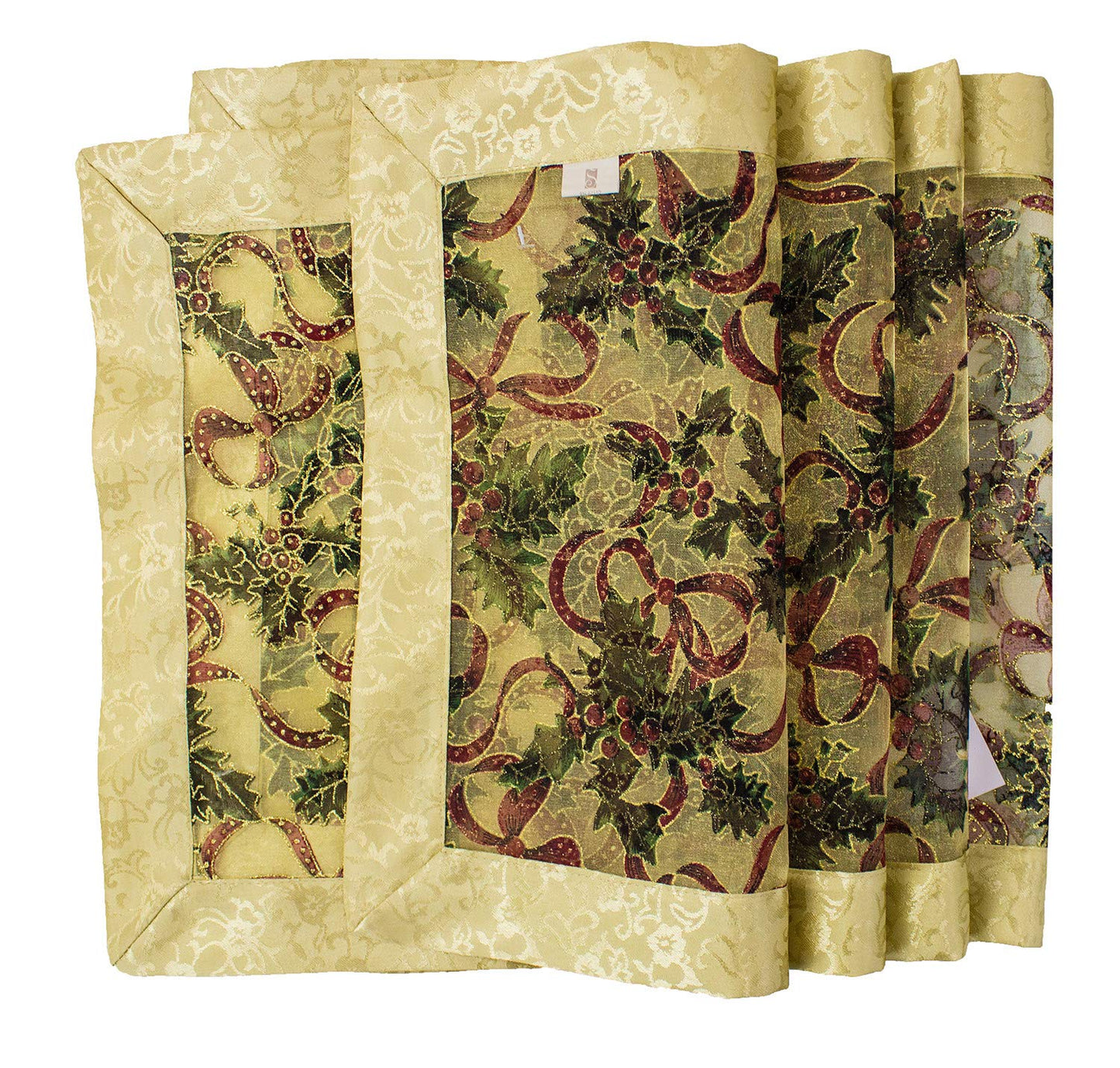 Fennco Styles Holly Ribbon Holiday Christmas Sheer Tablecloth - Gold Satin Border and Tassels Table Cover for Family Dinner, Banquets, Special Events and Home Decor