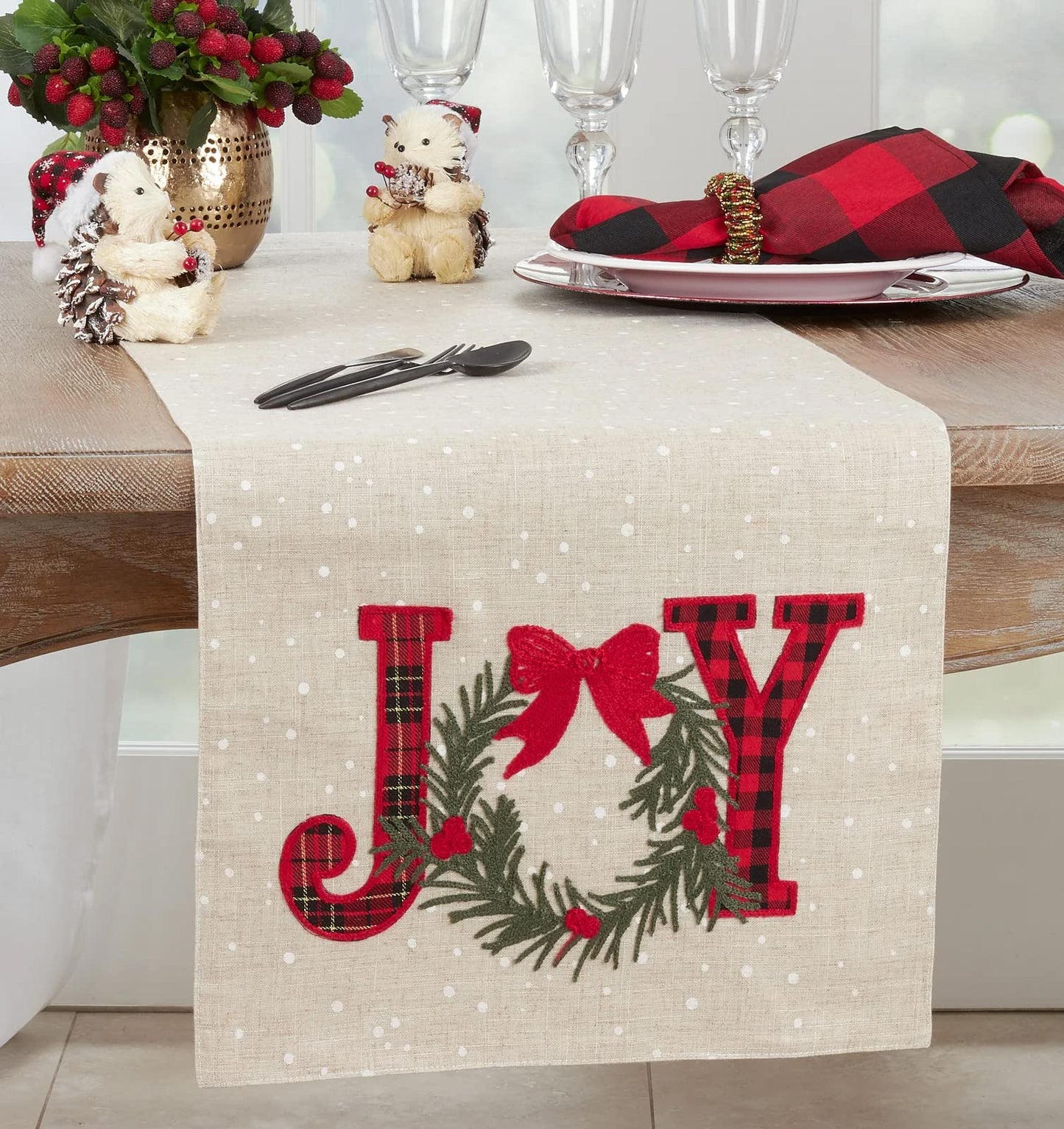 Fennco Styles Joy Holly Holiday Table Runner 16" W x 70" L - Natural Festive Table Cover for Home Décor, Dining Table, Banquet, Christmas and Special Occasion