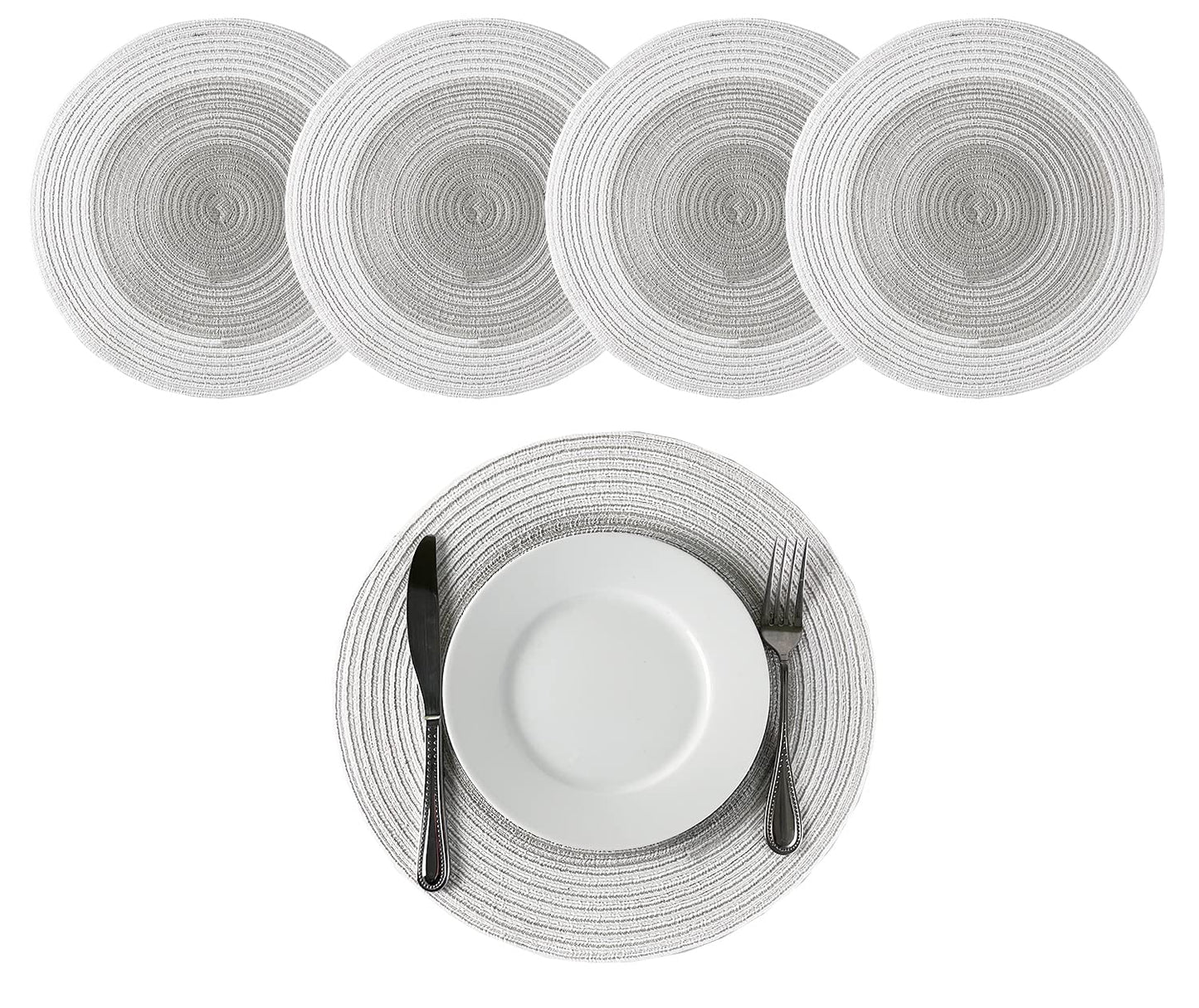 Fennco Styles Handmade Gradient Textured Ramie Placemats 14" Round, Set of 4 – Braided Table Mats Heat Resistant Insulation for Home Décor, Dining Table, Everyday Use, Banquets, Special Events