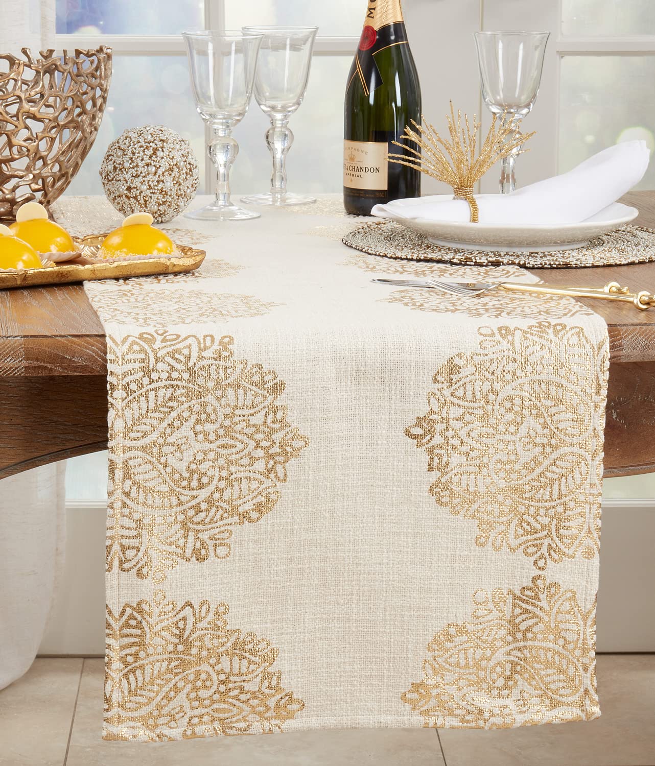 Fennco Styles Foil Print Medallion Cotton Table Runner 16" W x 72" L - Gold Metallic Table Cover for Home Décor, Everyday Use, Banquets, Holidays, Family Gatherings and Special Occasion