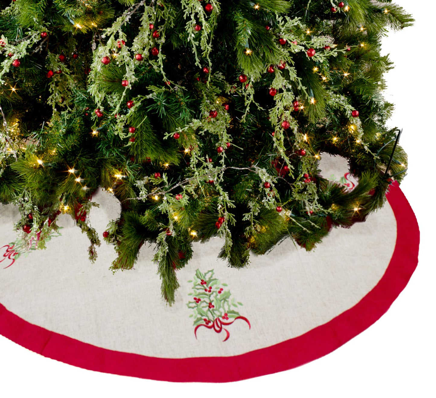 Fennco Styles Embroidered Holly Christmas Tree Holiday Decorative Tree Skirt
