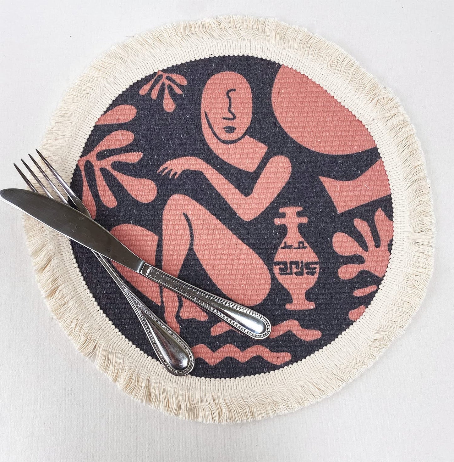 Fennco Styles Art Design Abstract Print Fringe Cotton Placemat 13" Round, Set of 4 - Woven Table Mats for Home Décor, Dining Table, Banquets and Special Events