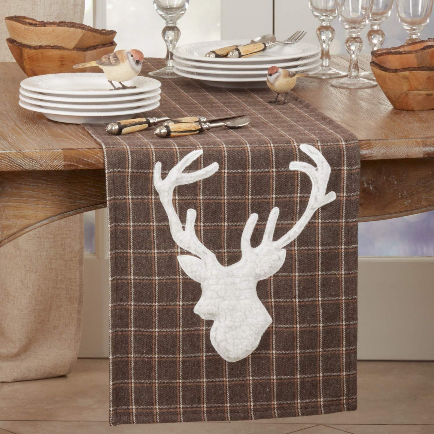 Fennco Styles Lodge Plaid Reindeer Table Runner 16" W x 72" L - Brown Table Cover for Home, Dining Table Decor, Banquet, Christmas and Special Event