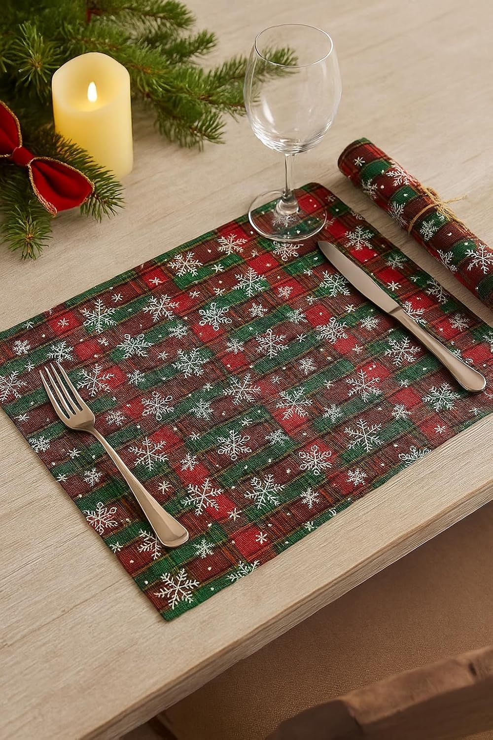 Fennco Styles Red & Green Tartan Plaid Snowflakes Holiday Placemats 13" X 18", Set of 4 - Modern Table Mats for Christmas Décor, and Winter Festivals