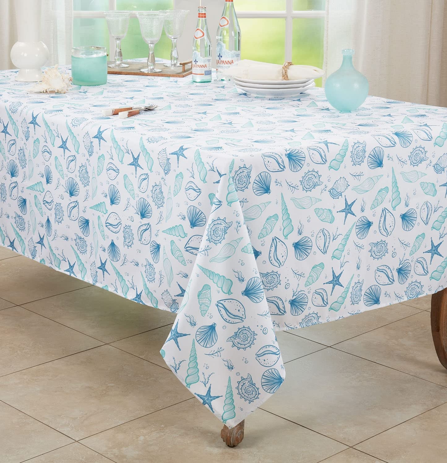 Fennco Styles Coastal Seashells Table Runner 16" W x 70" L - Blue Sealife Nautical Table Cover for Dining Room Decor, Everyday Use, Summer Gathering, Banquets, and Special Occasions