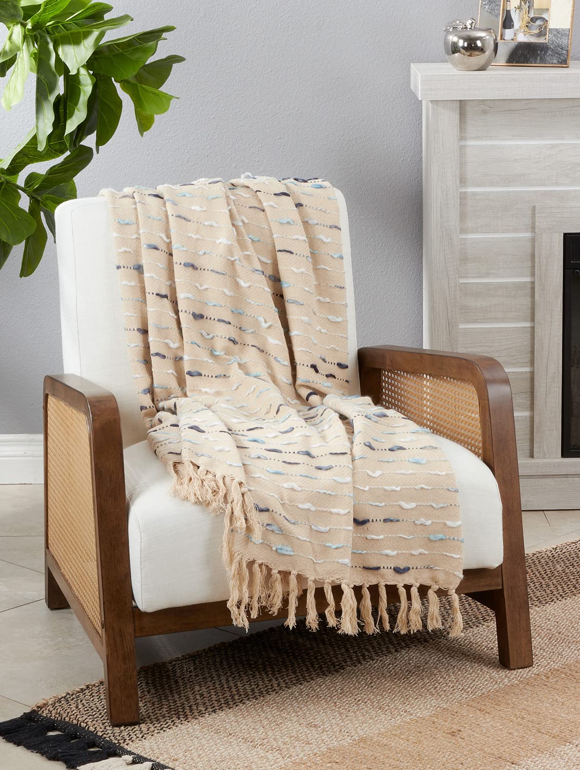Fennco Styles Modern Striped Tassel Throw Blanket 50" W x 60" L – Blue Woven Textured Blanket for Couch, Bedroom, Living Room, Office Décor and Holidays