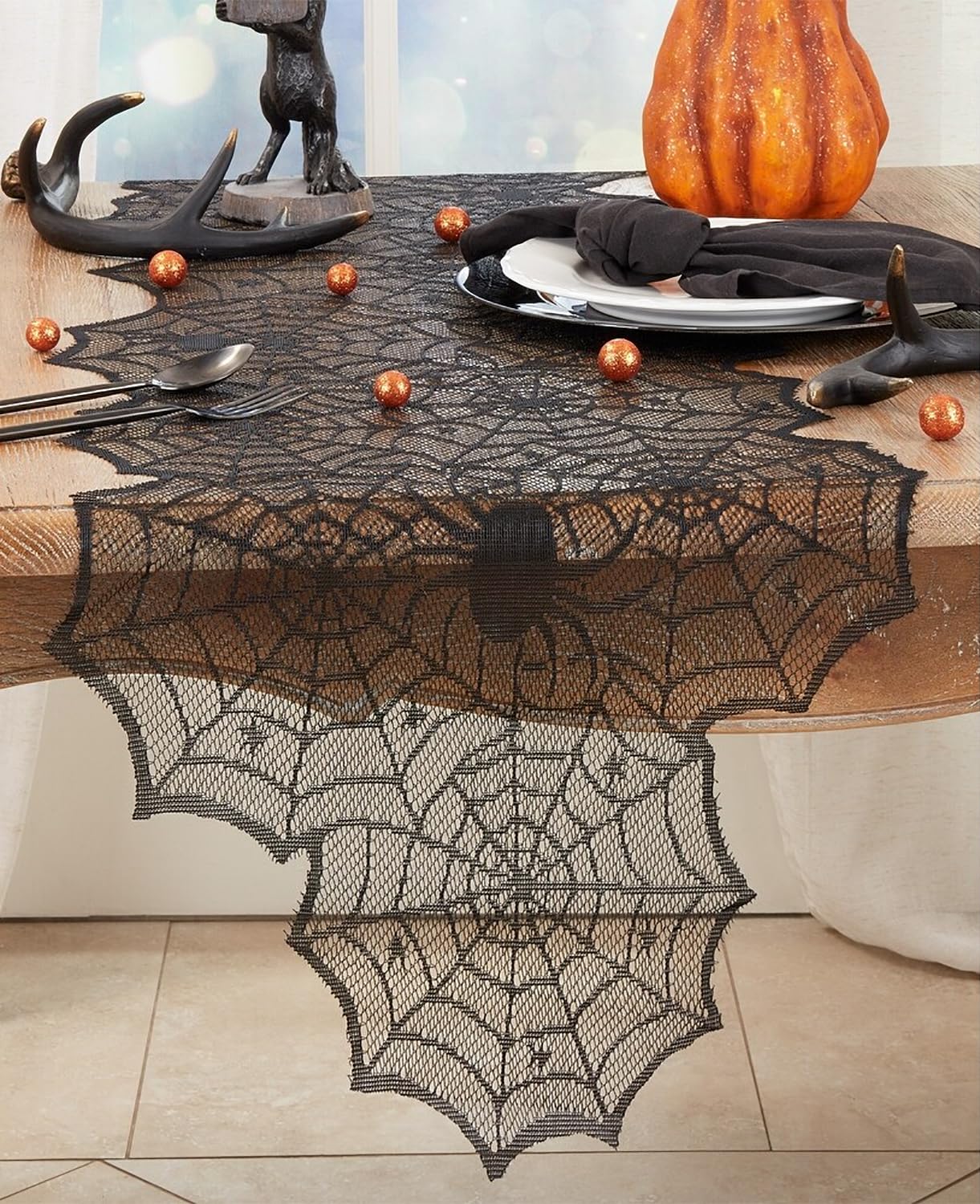 Fennco Styles Creepy-Crawly Spiderweb Table Runner 18" W x 72" L - Black Lace Table Cover for Home Halloween Décor, Family Gatherings, Themed Party and Special Events