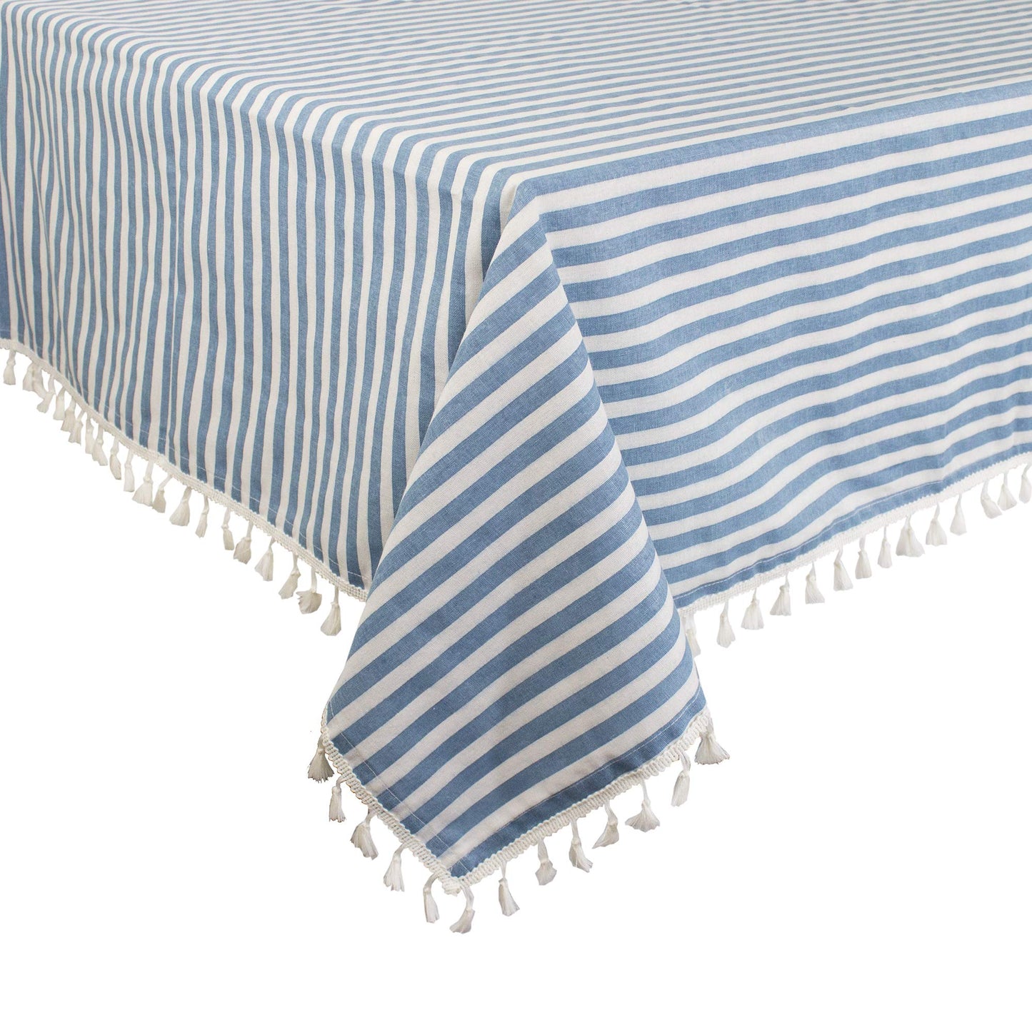 Fennco Styles Simply Striped Tassel Cotton Blend 55 x 55 Inch Tablecloth - Green Table Cover for Banquets, Holiday, Special Events, Outdoor and Home Décor