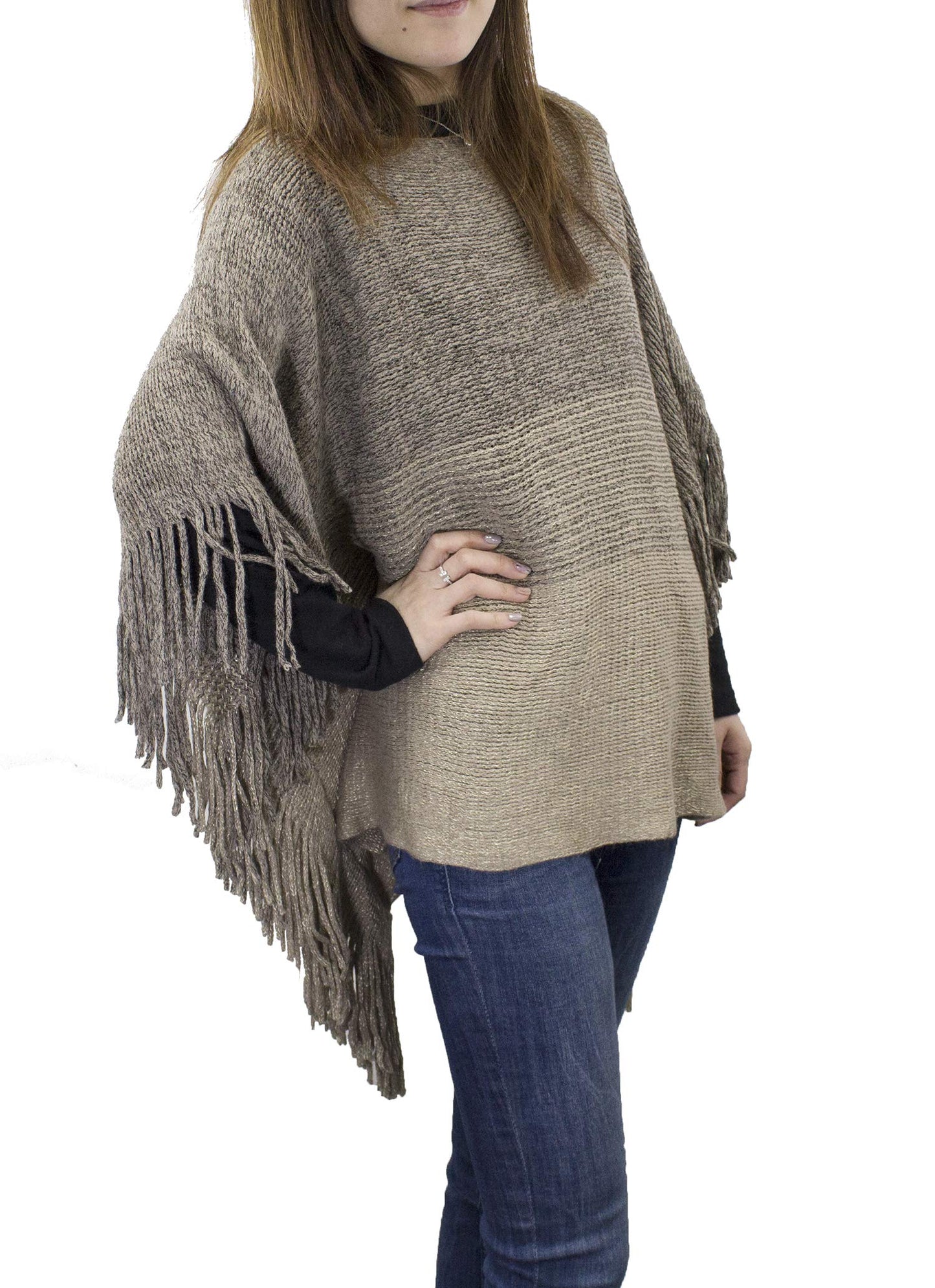 stylesilove Womens Knit Two Tone Batwing Fringe Poncho Cardigan Pullover Cozy Sweater Wrap Jacket