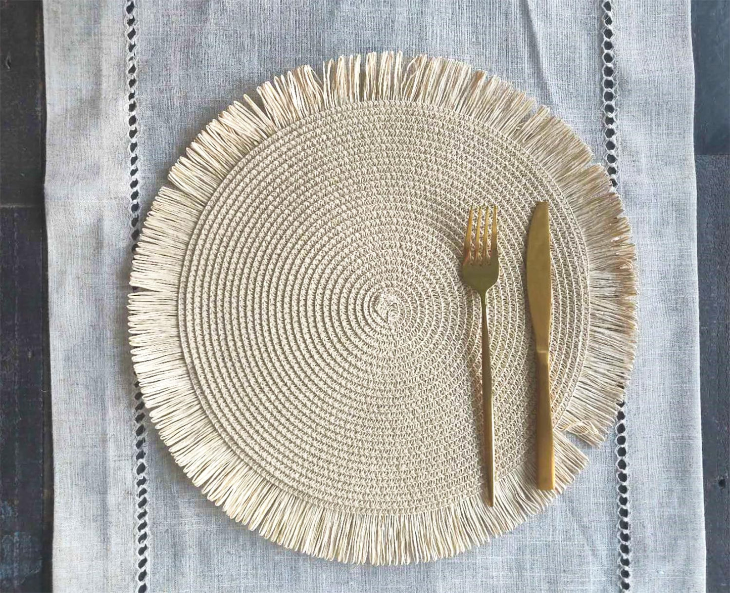 Fennco Styles Handwoven Fringe Boho Placemats 15" Round - Natural Braided Texture Table Mats for Home, Dining Room, Banquets, Family Gathering and Special Occasion