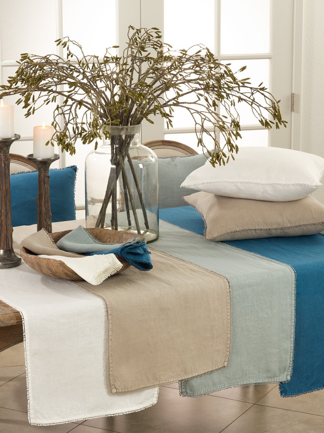Fennco Styles Pomponin Collection Pom Pom Design 100% Linen Table Runner