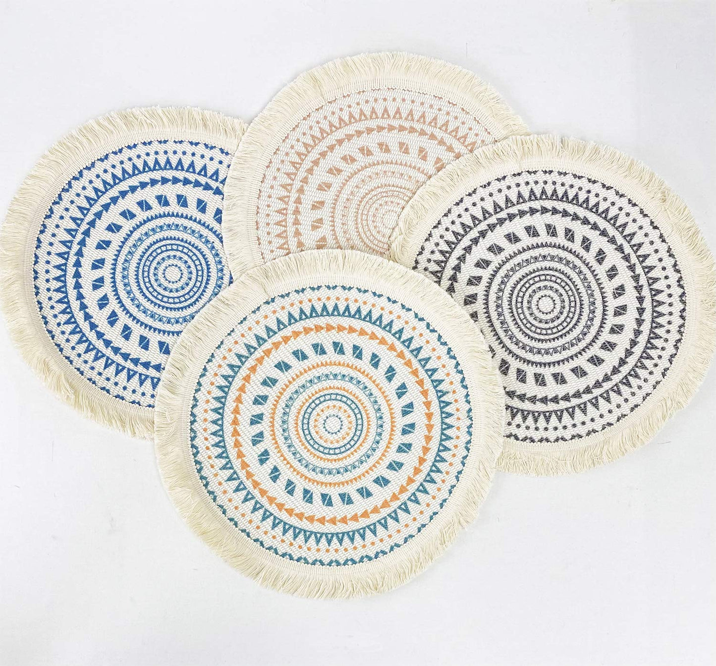 Fennco Styles Boho Geometric Fringe Decorative Cotton Placemats 13-inch Round, Set of 4 - Heat Resistant Insulation Table Mats for Home Decor, Dining Table, Banquets and Special Events