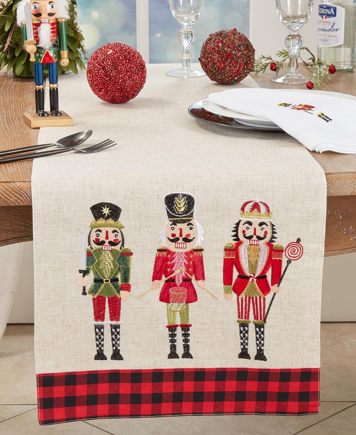 Fennco Styles Nutcracker Plaid Holiday Table Runner 16" W X 70" L - Natural Fun Soldier Design Festive Table Cover for Christmas Décor, Dining Room, Banquet, Family Gathering and Special Events