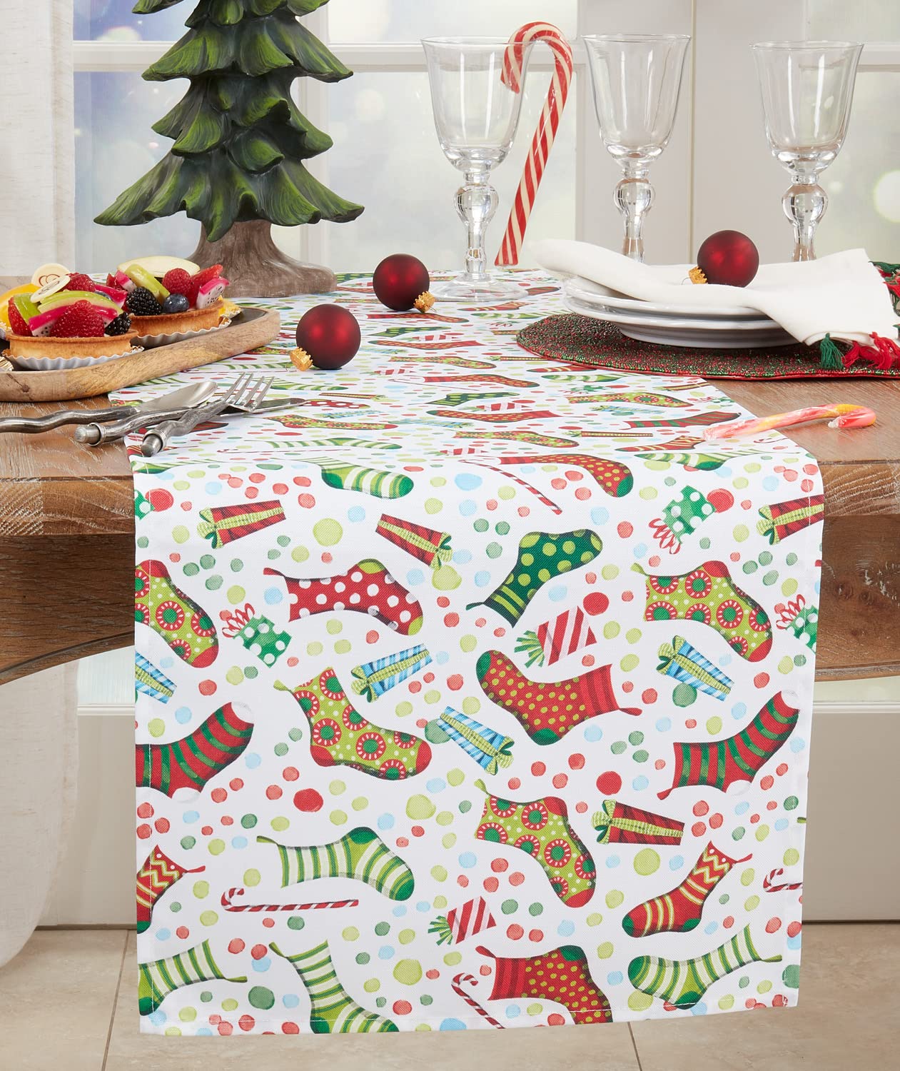 Fennco Styles Christmas Stockings Holiday Table Runner 16" W X 70" L - Multicolor Stocking Print Festive Table Cover for Christmas Décor, Dining Room, Banquet, Family Gathering and Special Events