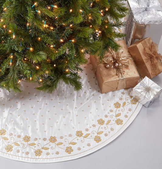 Fennco Styles Luxury Hand Beaded Flower Tree Skirt 54 Inch Round - Gold Floral Festive Tree Skirt for Home, Holiday Decoration and Special Occasion