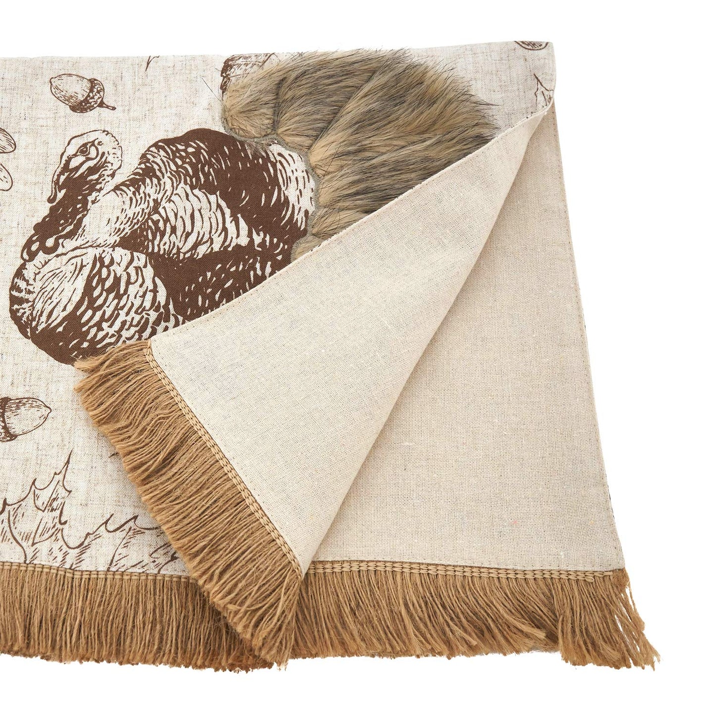 Fennco Styles Thanksgiving Turkey Collection Vintage Engraving Illustration Faux Fur Appliqué 13 x 72 Inch – Natural Table Runner for Harvest Dinner, Family Gathering, Special Events and Home Décor