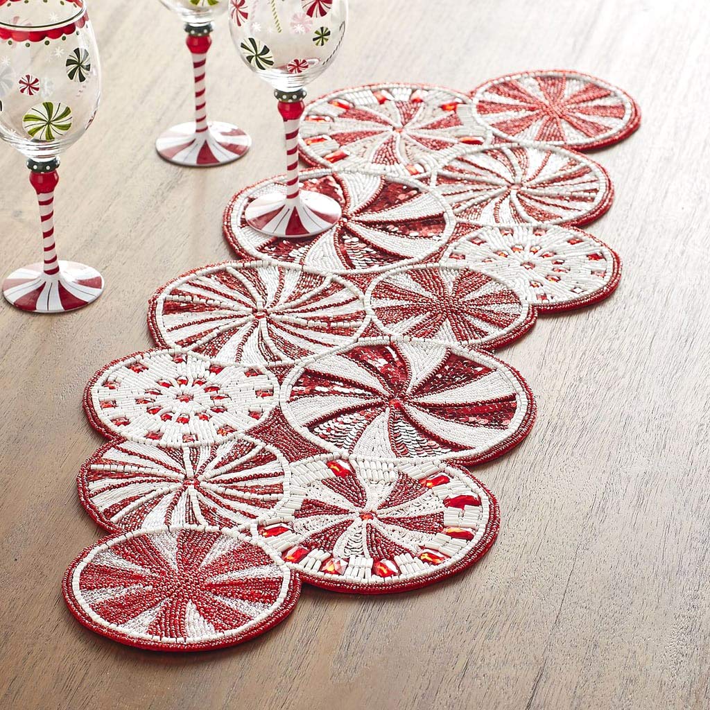 Fennco Styles Holiday Peppermint Candy Cane Hand Beaded Table Runner - Christmas Table Cover for Home Décor, Family Gathering, Banquets and Special Occasion