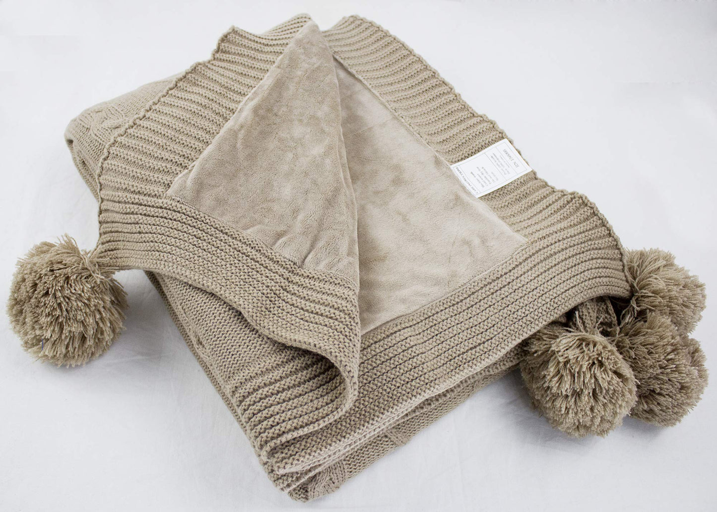Fennco Styles Luxe Faux Fur Cable Knit Reversible Pom Pom Cozy Throw Blanket, 50" x 60" (Taupe)