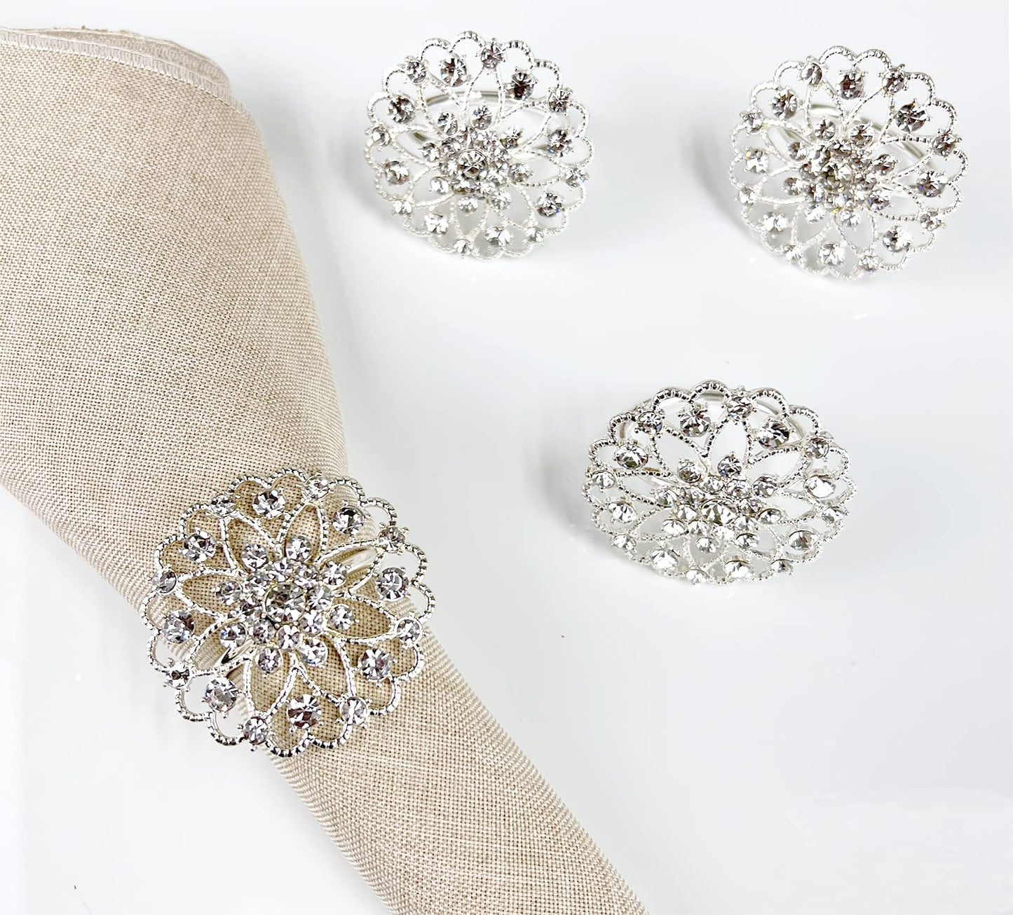 Fennco Styles Rhinestone Crystal Flower Napkin Rings Wedding Holiday Table Decoration - Set of 4