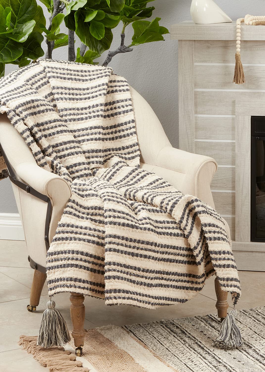 Fennco Styles Black & White Striped Woven Throw Blanket with Tassel 50" W x 60" L – Neutral Textured Blanket for Couch, Bedroom and Living Room Décor