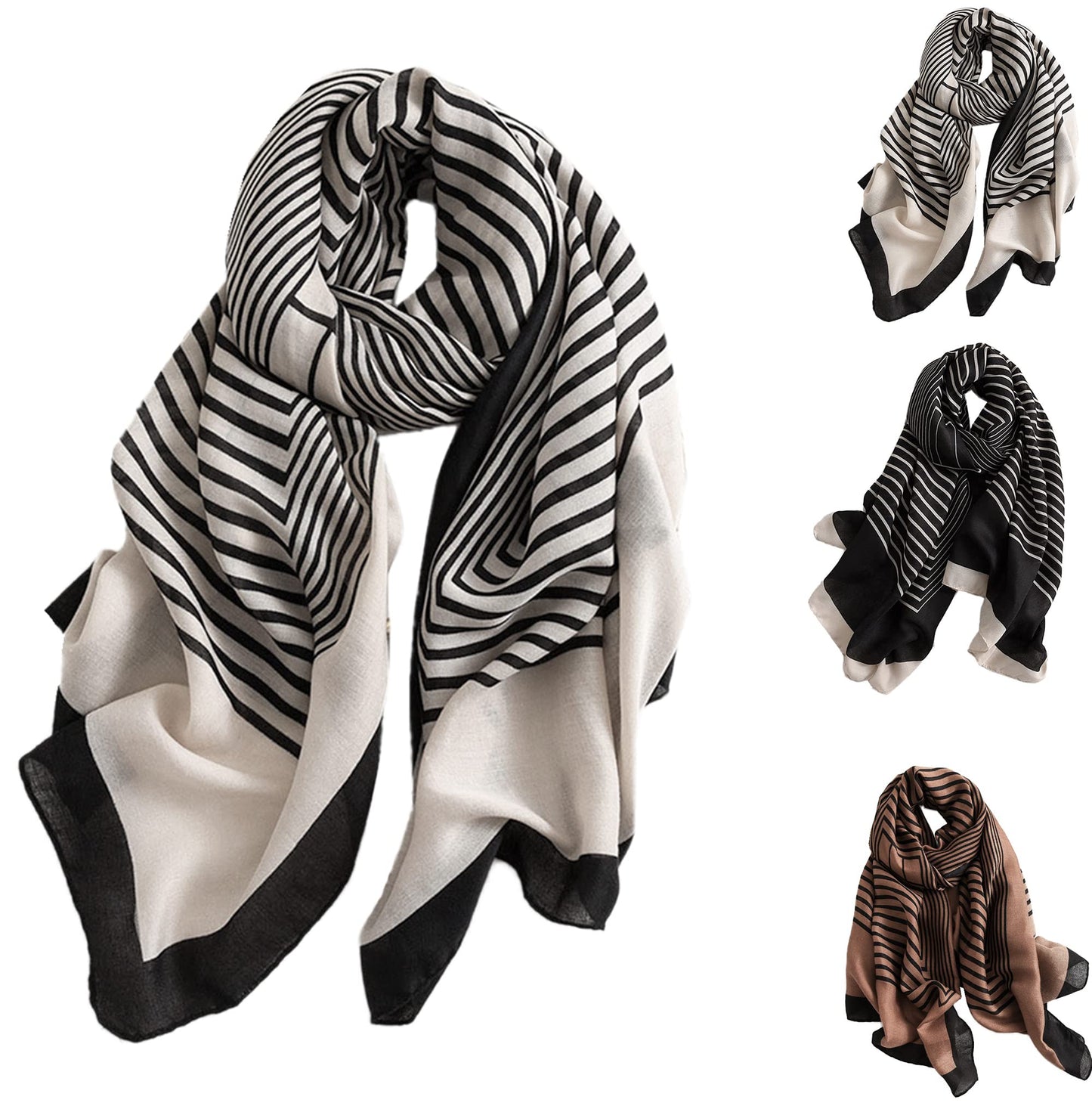 stylesilove Women Girls Elegant Striped Print Oblong Cotton Linen Scarf Lightweight Autumn Wrap Shawl