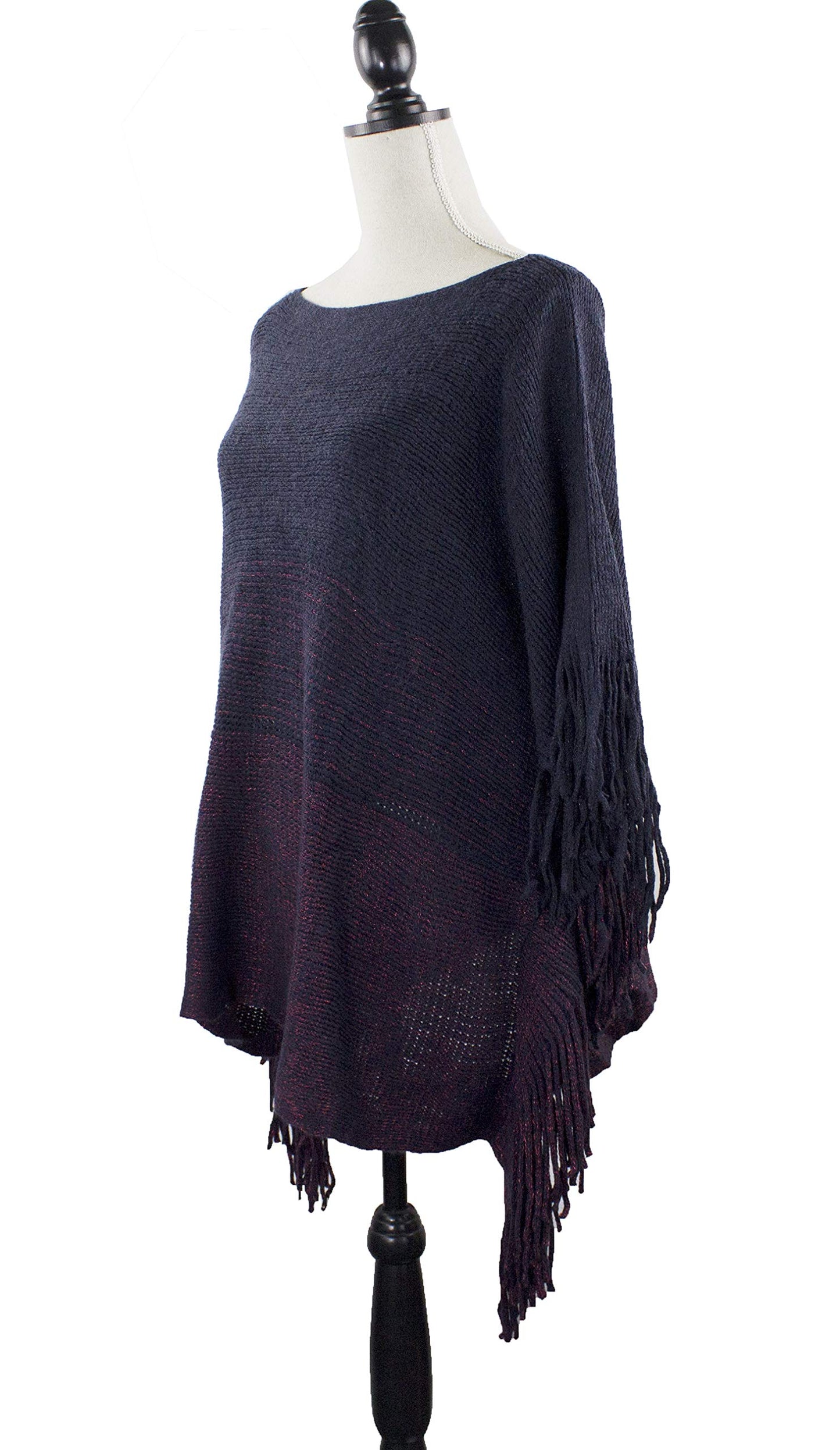 stylesilove Womens Knit Two Tone Batwing Fringe Poncho Cardigan Pullover Cozy Sweater Wrap Jacket