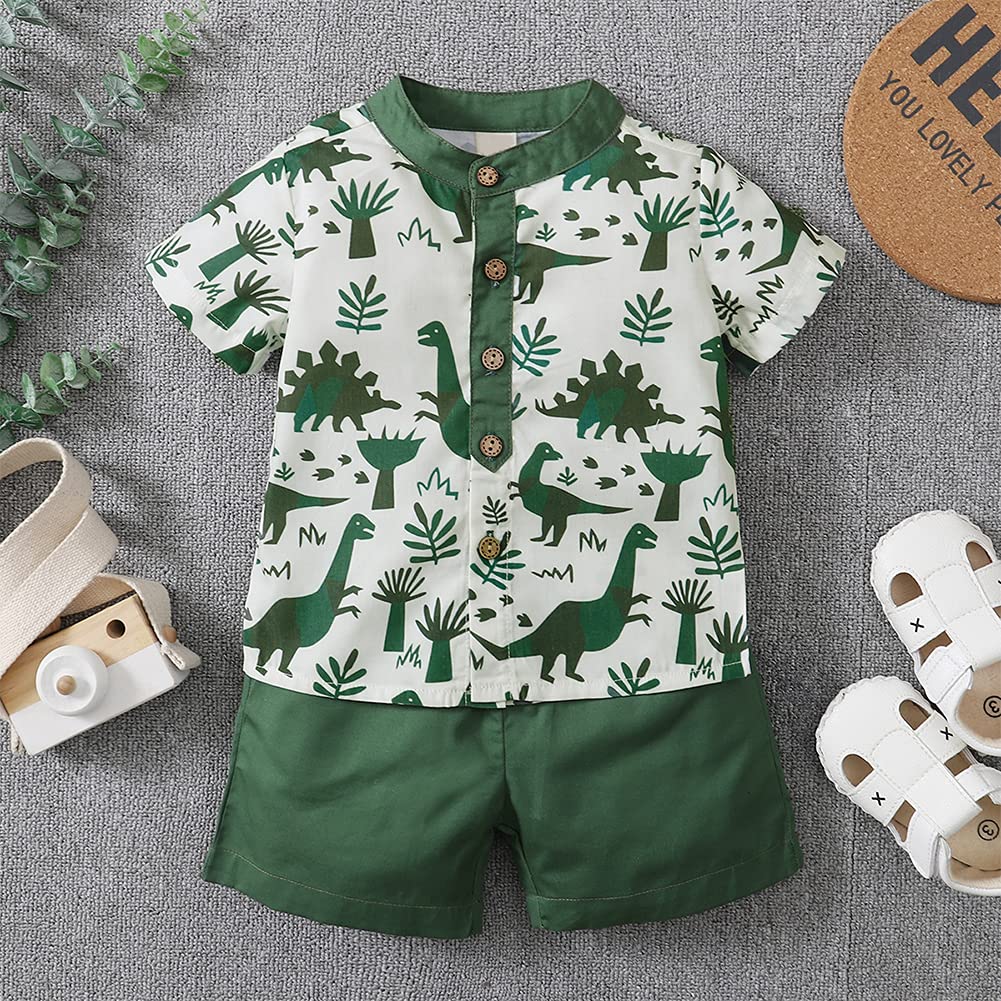Styles I Love Toddler Little Boys Green Dinosaurs Printed Henley Shirt and Shorts 2pcs Short Sleeve Outfit Summer Clothes