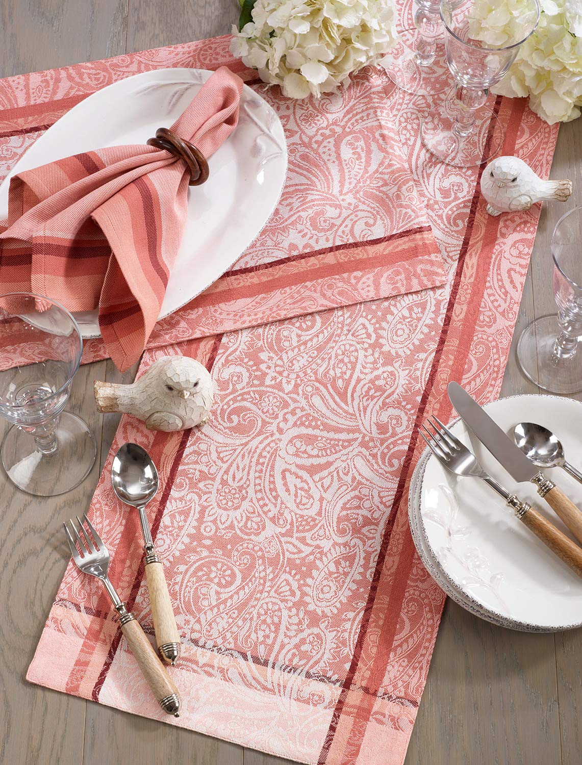 Fennco Styles Clodia Collection Classic Paisley Jacquard Striped 100% Cotton 13 x 72 Inch Table Runner – Salmon Table Runner for Banquets, Family Gathering, Special Events and Home Décor