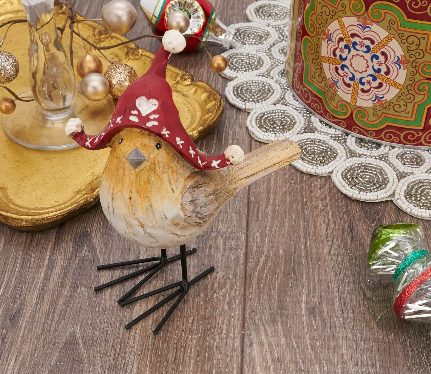 Fennco Styles Decorative Resin 4.5" High Standing Bird with Winter Hat Sculpture Figurine for Farmhouse, Tabletop, Bookshelf, Garden, Christmas and Holiday Décor