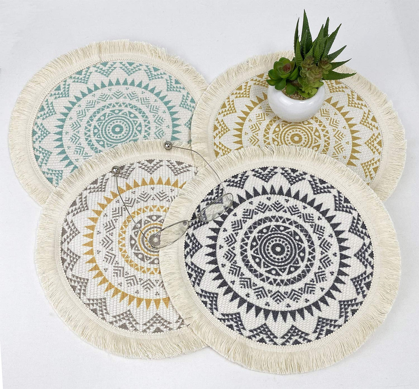 Fennco Styles Boho Mandala Fringe Decorative Cotton Placemats 13-inch Round, Set of 4 - Grey Heat Resistant Insulation Table Mats for Home Decor, Dining Table, Banquets and Special Events