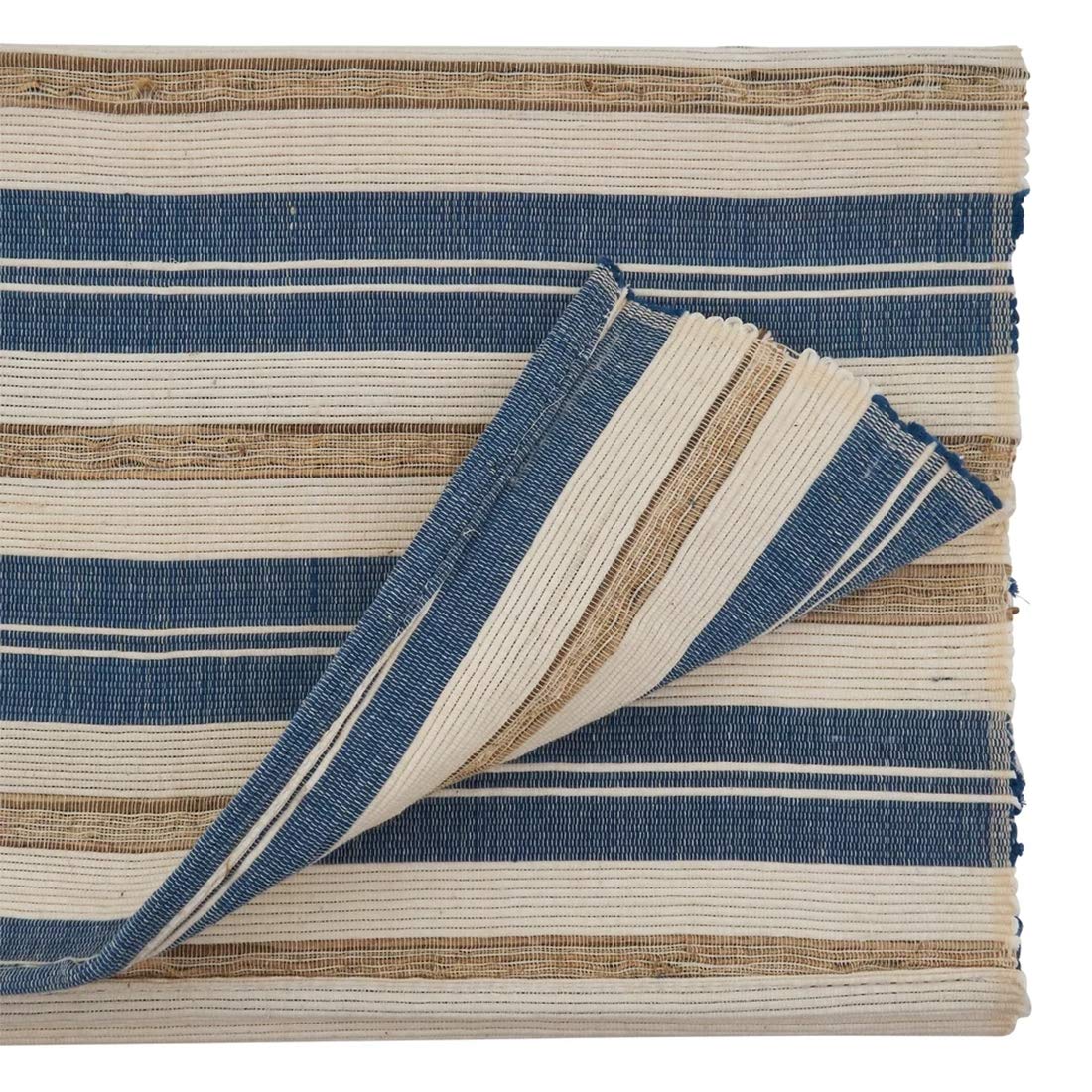 Fennco Styles Modern Water Hyacinth Woven Striped Table Runner - Blue Ivory Table Cover for Home Décor, Dining Table, Banquets, Holiday and Special Events