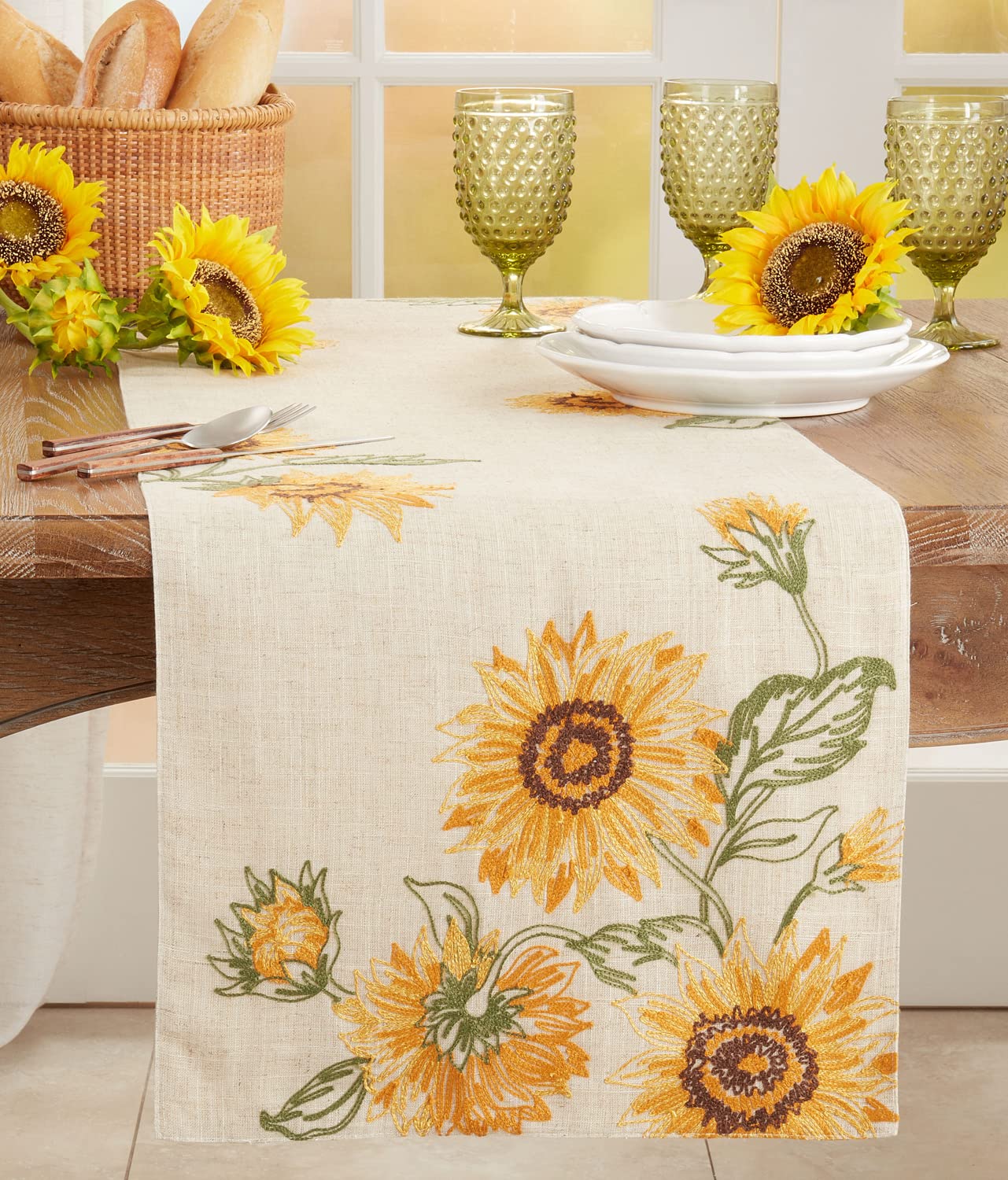 Fennco Styles Embroidered Sunflower Table Runner 16" W x 70" L - Summer Flower Table Cover for Home Décor, Dining Table, Banquet, Everyday Use, Family Gathering and Special Occasion