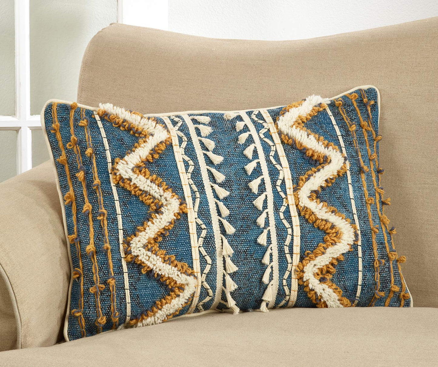 Fennco Styles Bohemian Block Print Tufted 100% Cotton Home Décor – Variety Color Home Decorations for Couch, Bedroom and Living Room Décor