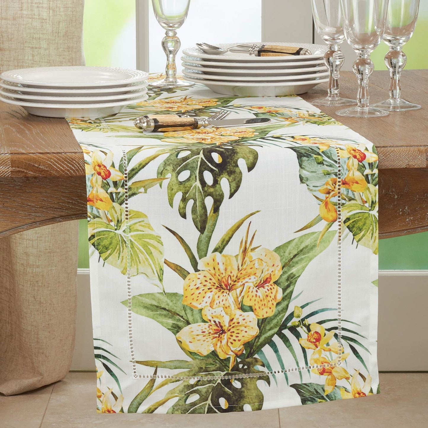 Fennco Styles Tropical Flower Hemstitch Table Runner 16" W x 72" L - Multicolored Rectangular Table Cover for Home, Dining Table, Banquet, Family Gathering