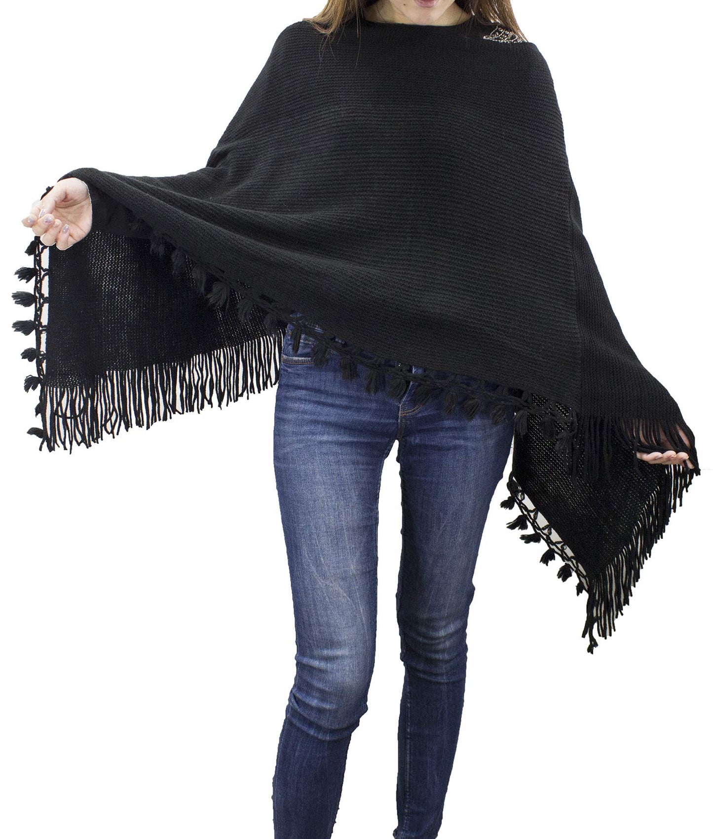 stylesilove Women Color Block Fringe Tassel Poncho Sweater Pullover Cardigan Wrap Topper for Warm Seasons
