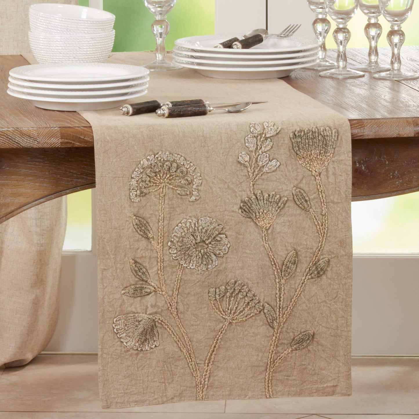 Fennco Styles Stonewashed Floral Cotton Table Runner 16" W x 72" L - Taupe Flower Table Cover for Home Décor, Banquet, Family Gathering, Everyday Use and Special Occasion