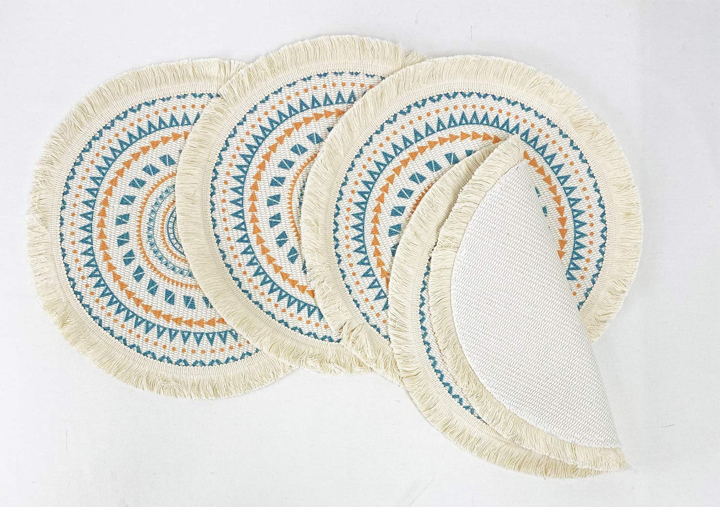 Fennco Styles Boho Geometric Fringe Decorative Cotton Placemats 13-inch Round, Set of 4 - Heat Resistant Insulation Table Mats for Home Decor, Dining Table, Banquets and Special Events