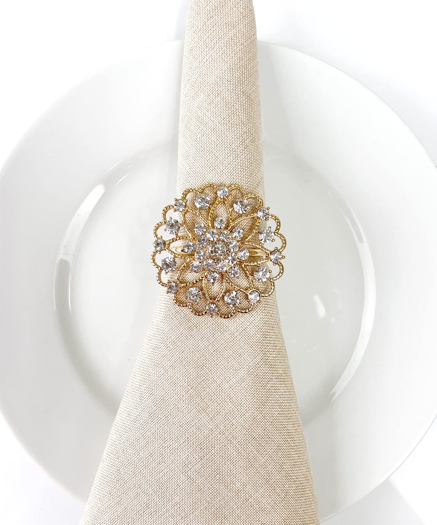 Fennco Styles Rhinestone Crystal Flower Napkin Rings Wedding Holiday Table Decoration - Set of 4