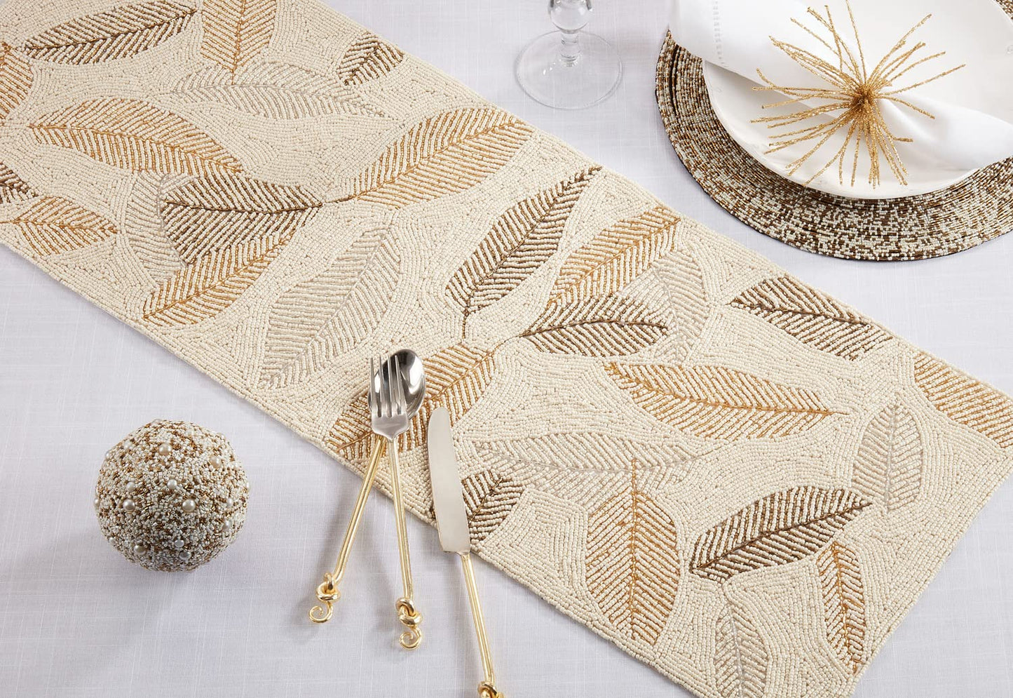 Fennco Styles Hand Beaded Leaves Table Runner 13" W x 36" L - Gold Elegant Table Cover for Home Décor, Holidays, Family Gatherings, Banquets and Special Occasion